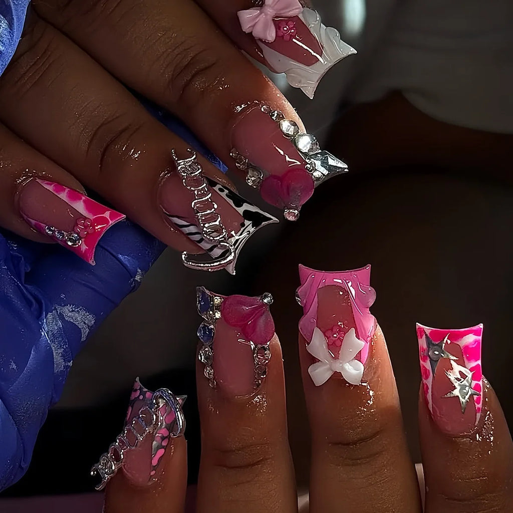 Nude Pink Duckbill Press-On Nails with 3D Bows (24 Pcs)
