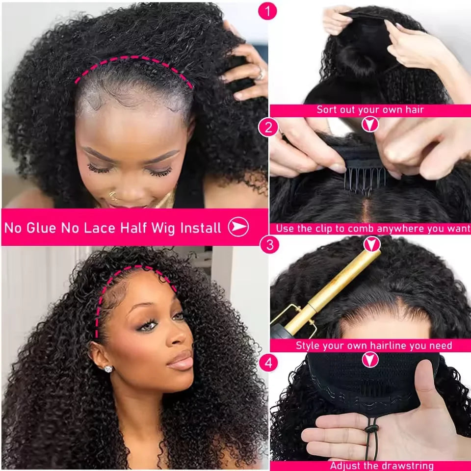 Burmese Curly Glueless Human Hair Wig – 300% Density, 3-in-1 Half Wig