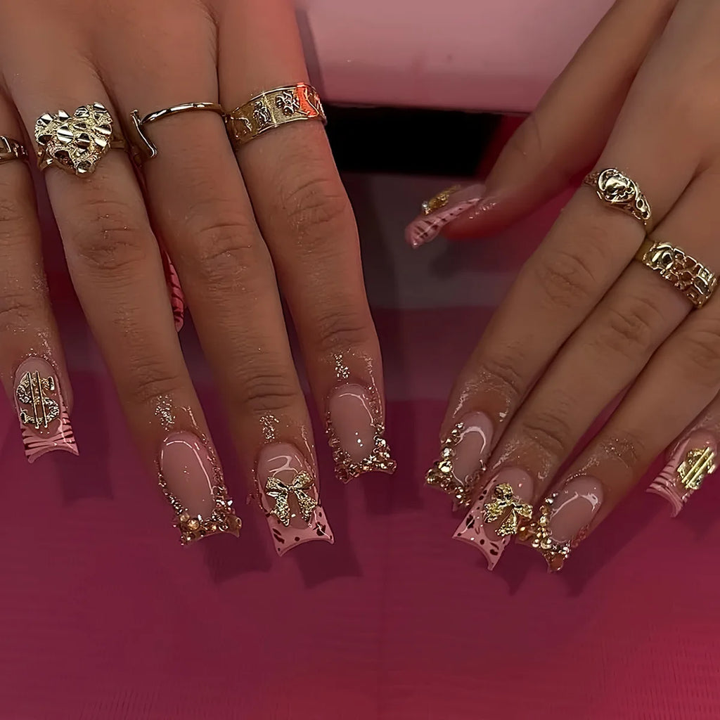 Nude Pink Duckbill Press-On Nails with 3D Bows (24 Pcs)