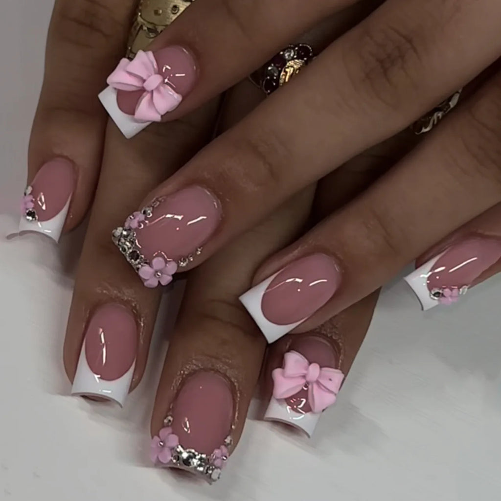 Nude Pink Duckbill Press-On Nails with 3D Bows (24 Pcs)