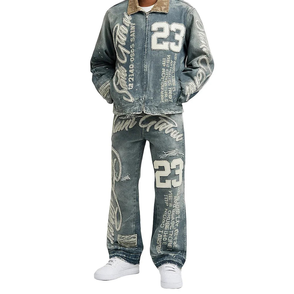 OEM Design Solid Printed Winter Men's Denim Suit Jacket Set 2025 High Quality Vintage Washed 2 1 Design Quick Dry Breathable