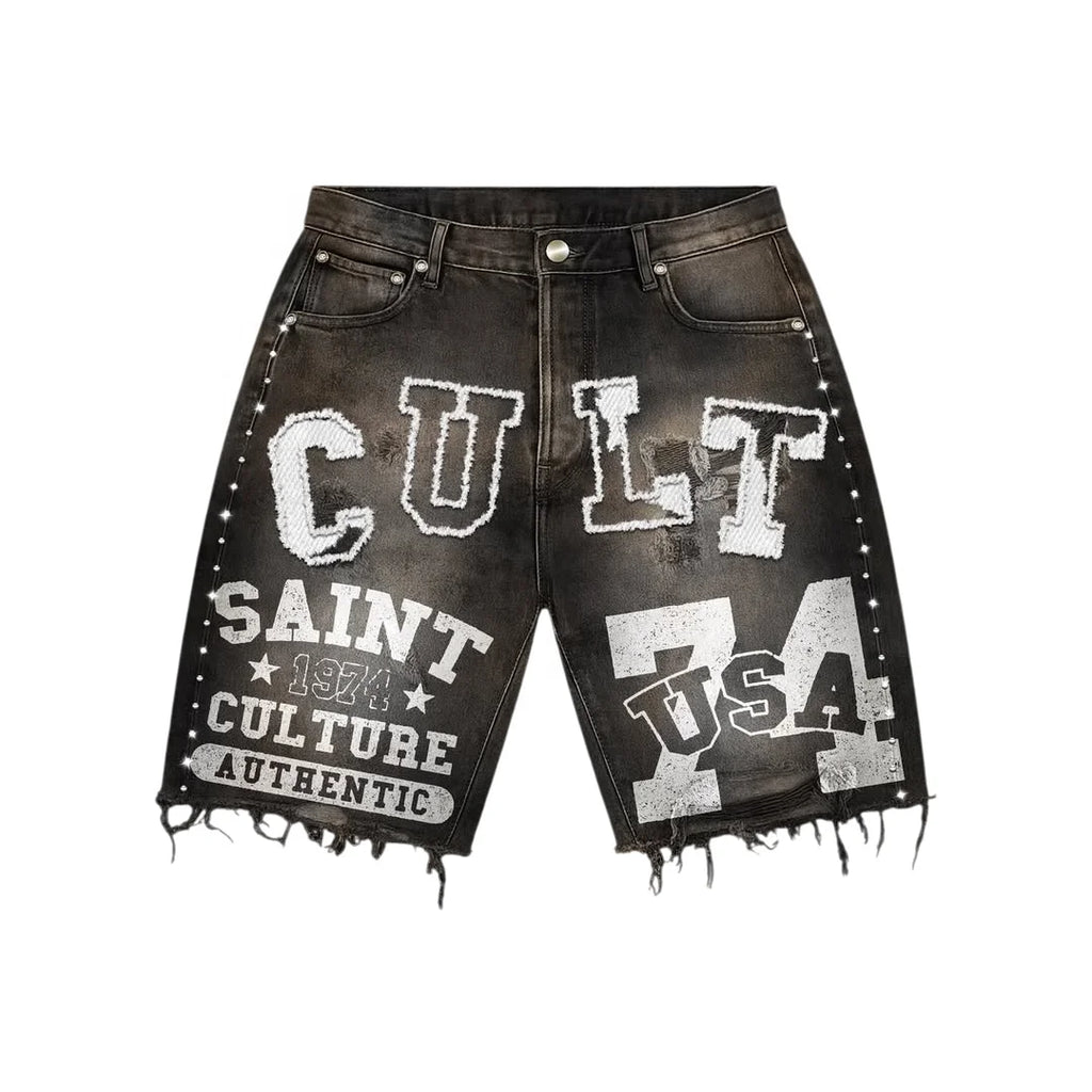 2026 Custom Men's Winter Denim Shorts Set Oversized Solid Hoodie 2-Piece Y2K Streetwear Distressed Shorts Heavyweight