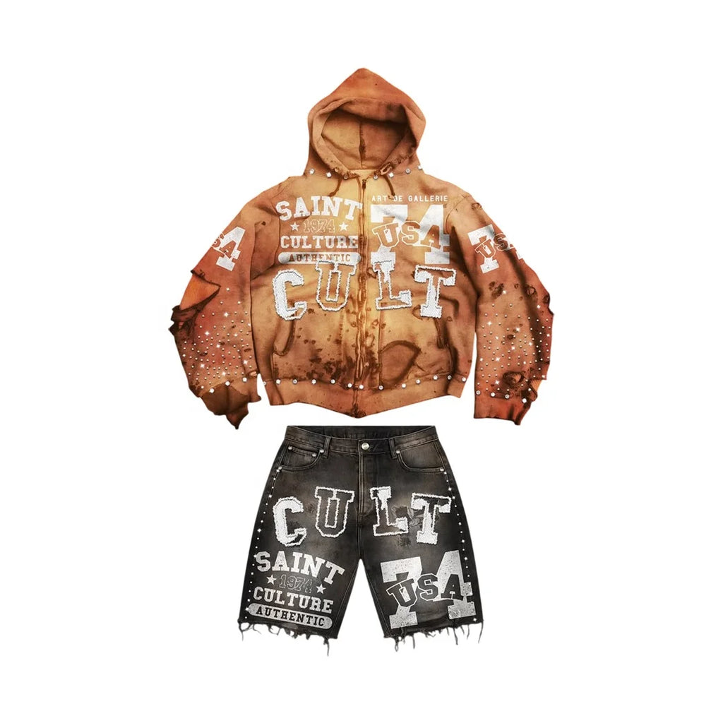 2026 Custom Men's Winter Denim Shorts Set Oversized Solid Hoodie 2-Piece Y2K Streetwear Distressed Shorts Heavyweight