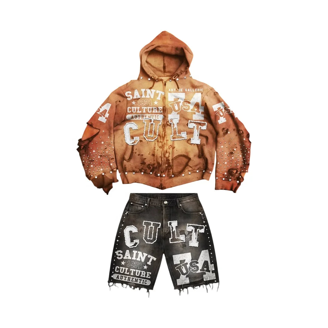 2026 Custom Men's Winter Denim Shorts Set Oversized Solid Hoodie 2-Piece Y2K Streetwear Distressed Shorts Heavyweight