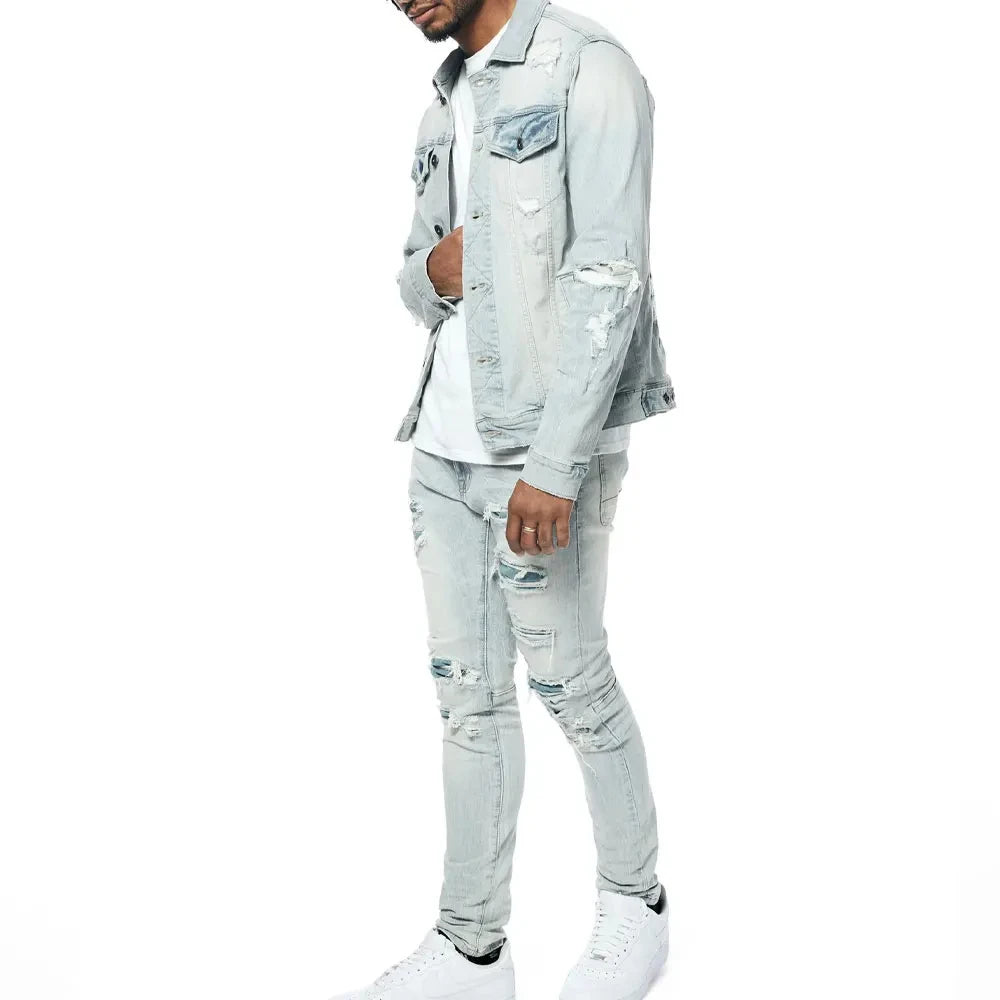 Premium Quality Stylish Look Mens Jeans Jacket and Pants Set Available at Wholesale Low Price Offering Durable and Fashionable