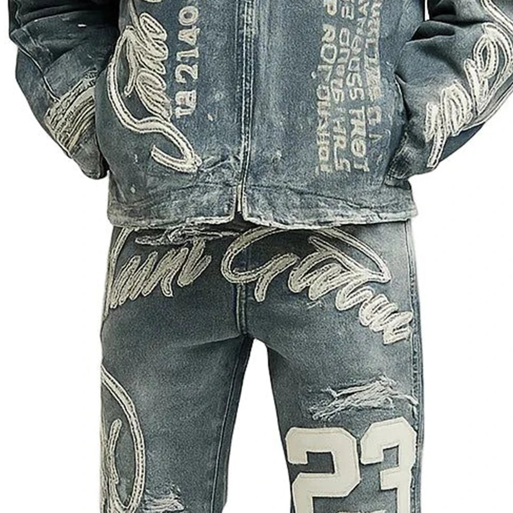 OEM Design Solid Printed Winter Men's Denim Suit Jacket Set 2025 High Quality Vintage Washed 2 1 Design Quick Dry Breathable