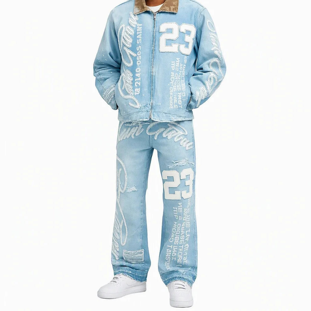 OEM Design Solid Printed Winter Men's Denim Suit Jacket Set 2025 High Quality Vintage Washed 2 1 Design Quick Dry Breathable
