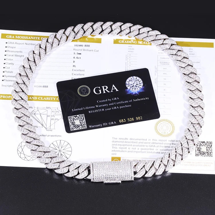 GRA Certificate VVS D Color Moissanite Diamond 15MM Hip Hop Iced Out Raised Cuban Link Chain Jewelry Necklace - 15mm-silver-moissanite