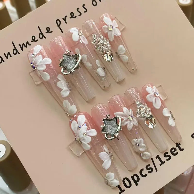 10 Handmade High-quality 3D Design Full Cover Fake Nails Wholesale Brand Logo Press-on Nails for Finger Application Black White