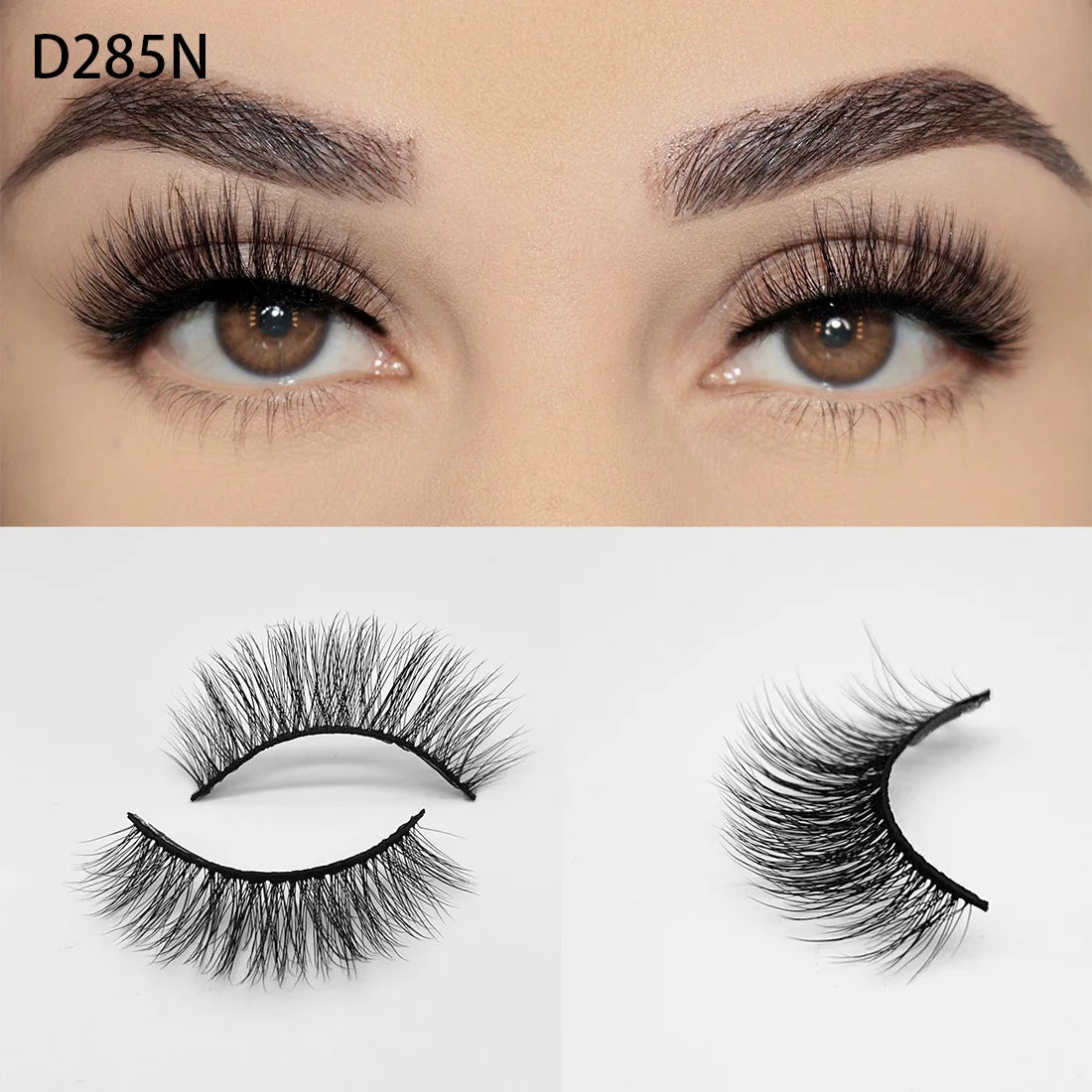 8D Wispy Cat Eye Fox Faux Mink Lashes 5 Pairs Full Strip Winged Eyelashes Pack - Natural Long / plastic lashes tray / D285N
