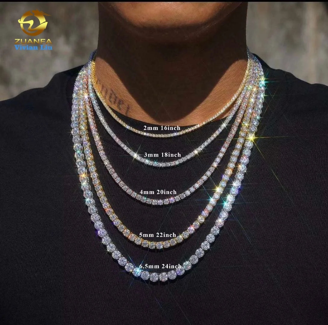 Pass Diamond Tetser 2mm 3mm 4mm 5mm 6.5mm 925 Silver Moissanite Lab Diamond Tennis Bracelet Necklace Chain for Men Women