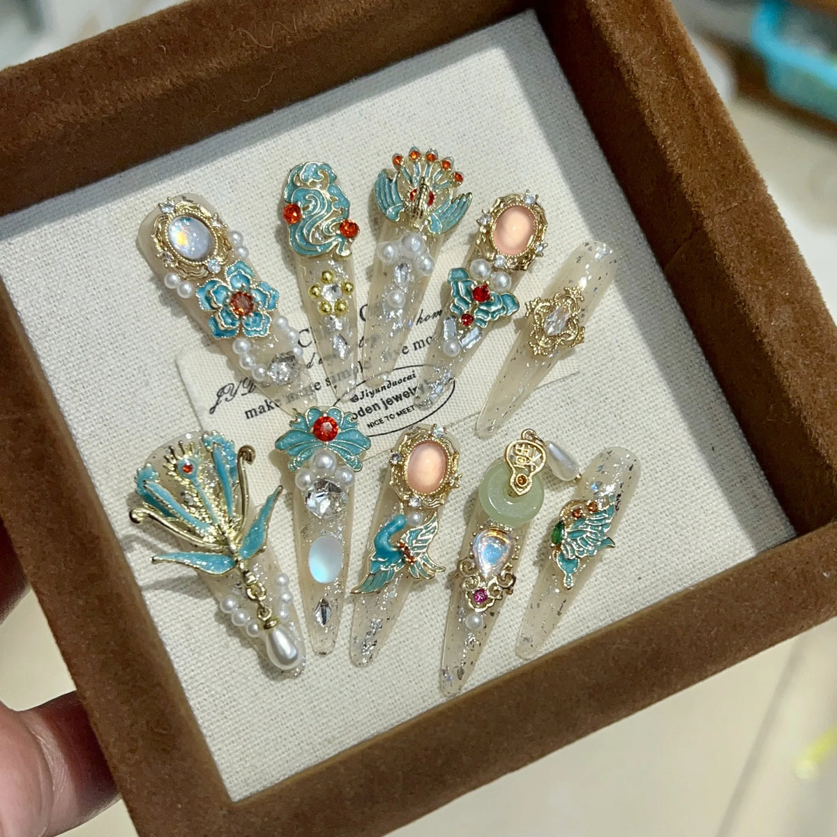 High End Handmade New Chinese Style Press on Nails Luxury Custom Jade Ring Bridal Nail Decorations