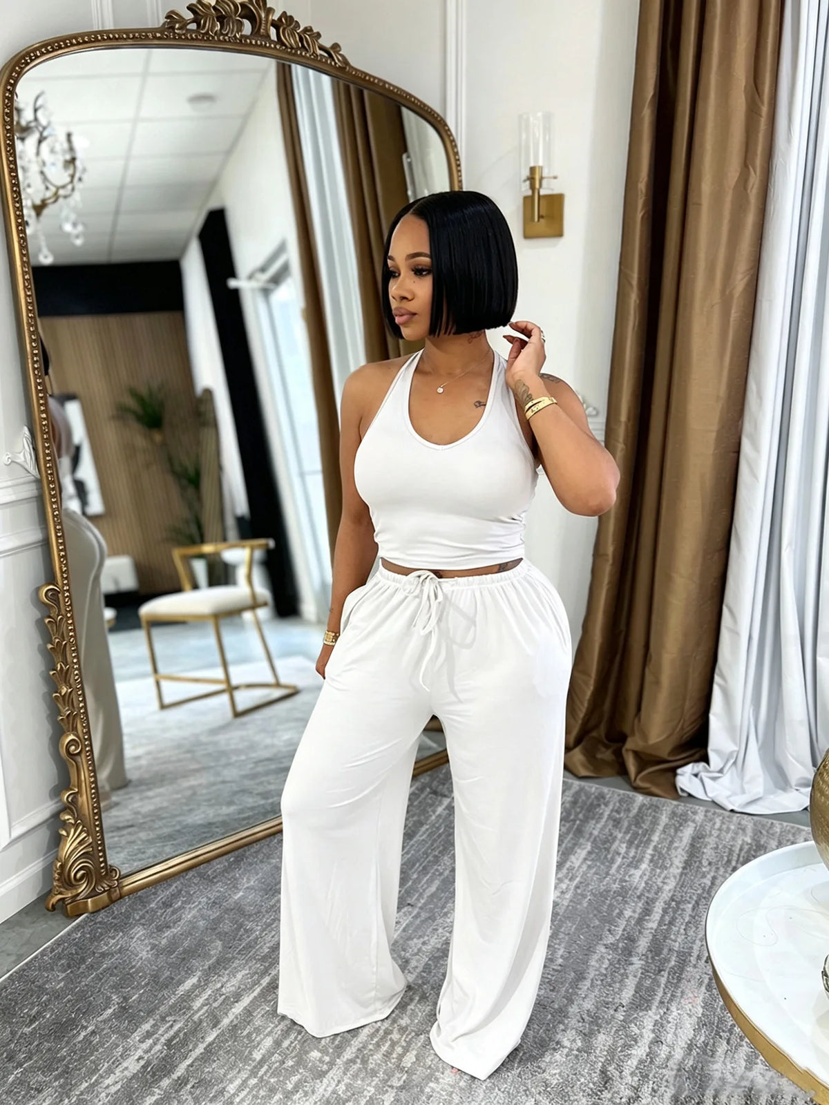 OuYaan 2026 Summer Solid Color Casual Street Hanging Neck Set High Waist Pocket Wide Leg Pants