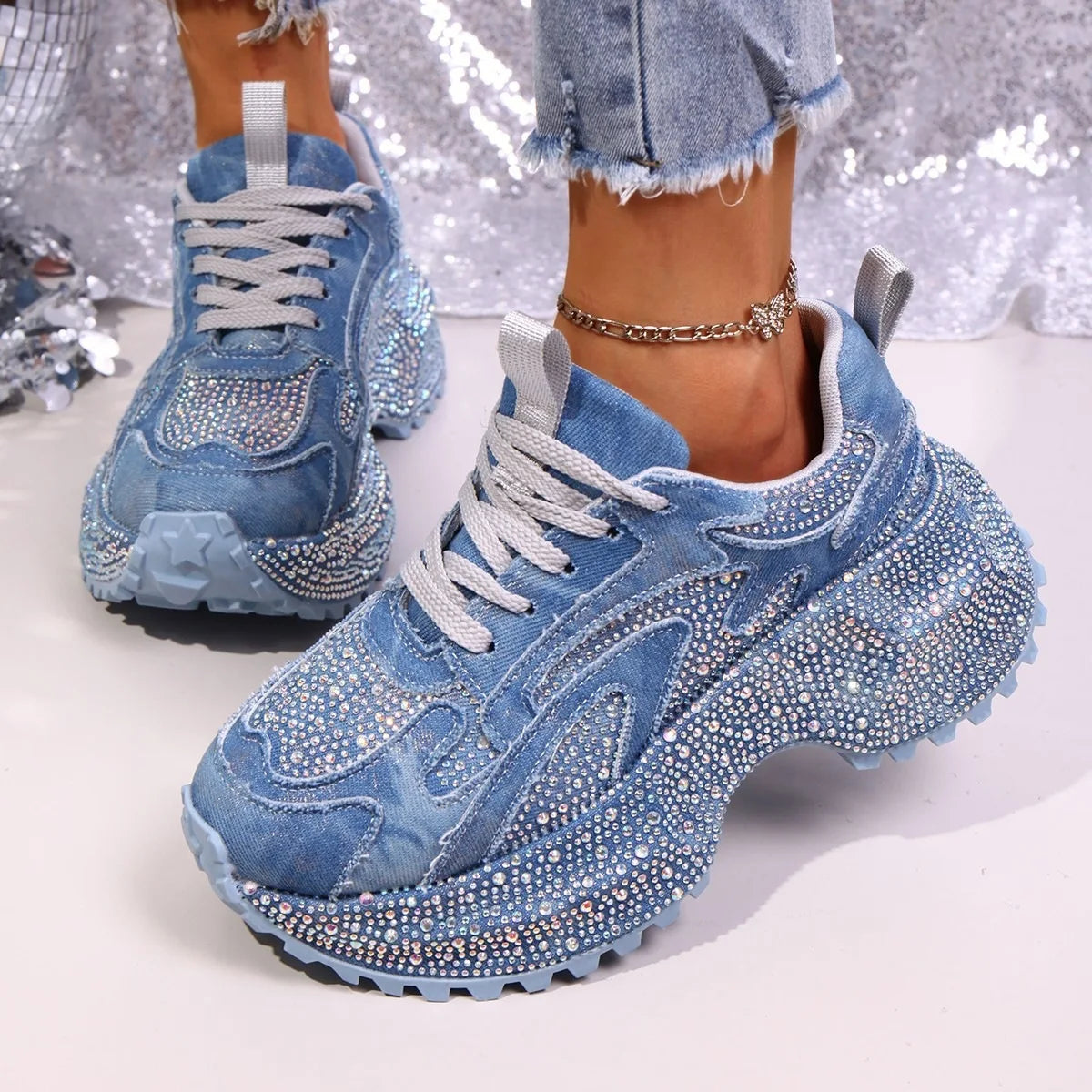 2026 Fall New Luxury Beautiful Bling Bling Rhinestones Beaded Lace Up Platform Sneakers for Women Old Dad Shoes Sports Shoes