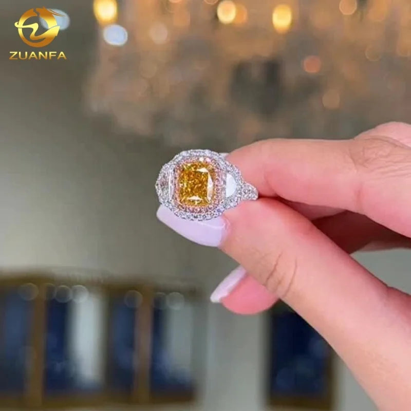 Iced Out 10K White Gold Canary Yellow Lab Grown Diamond Double Halo Ring IGI Certified Women Gift Custom Fine Jewelry