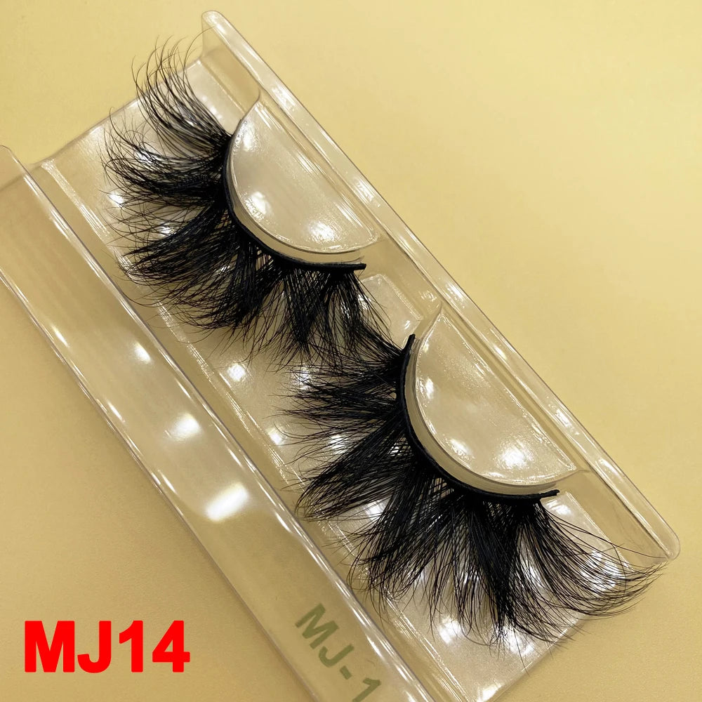 100% Cruelty Free 25mm Super Curl Dense Mink Lashes 3D Wispy Thick Fluffy Russian Strip Eyelashes Custom Logo Private Label - MJ-14 / Long/Fluffy/Thick/Cross