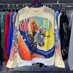 High Quality Heavyweight 100% Cotton New Brand Rough Play Long Sleeved High Street Retro Acid Washed Print Eco-Friendly Hoodies - White2