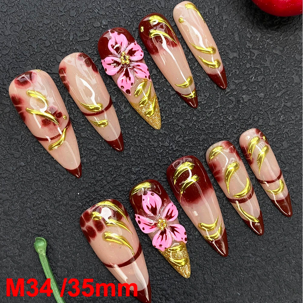 Gorgeous Salon Design Glossy Gel Carved False Nails Art Wholesale 10PCS Covered Decoration UV Gel Private Label Handmade Nails - M34 / 40g