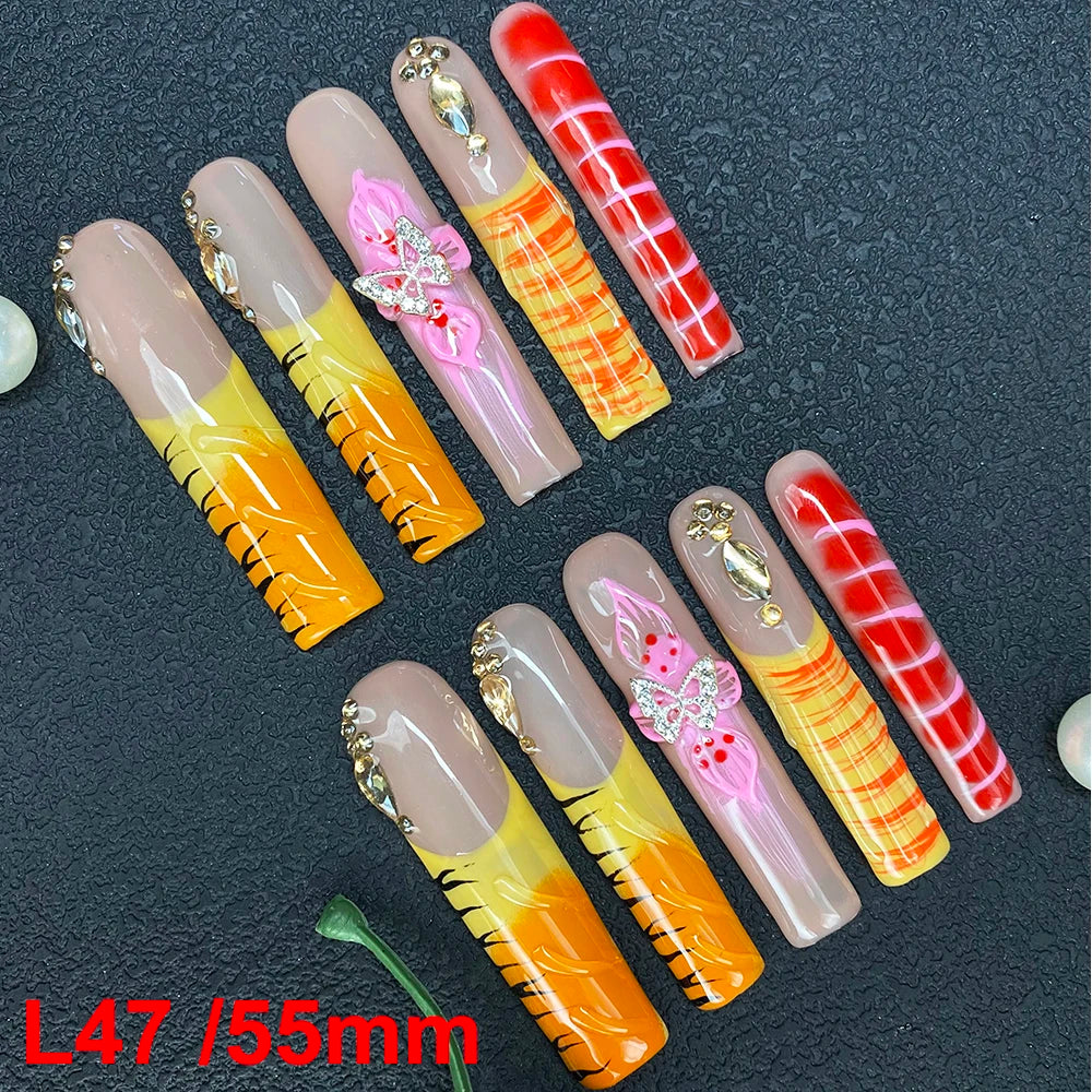 10PCS Full Decorated Soft Gel Thick Acrylic Handmade Nails Press on 55mm Extra Long Salon Design Artificial Fingernail Wholesale - L47 / 50g