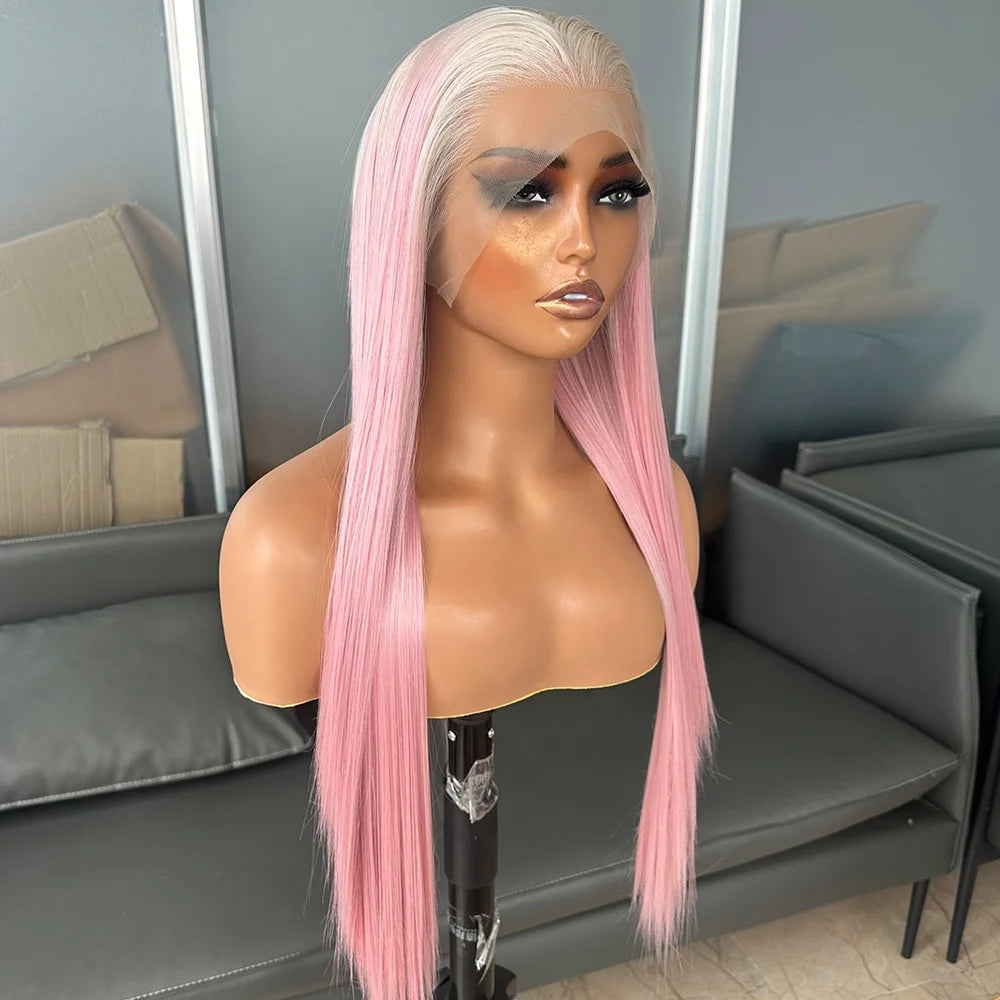 Long Silky Straight Ombre Pink Color Wigs Futura Fiber Hair 13x4 Synthetic Lace Front Wigs for Black Women