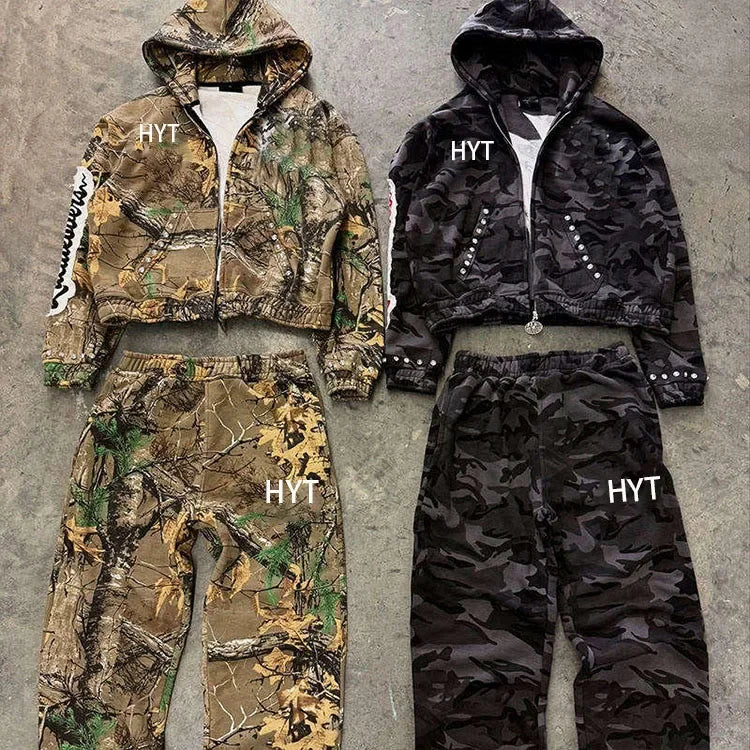 Tracksuits Men Full All Over Dtg Print Zip up Hoodie Streetwear Baggy Stacked Vintage Flared Sweatpants and Hoodies Set