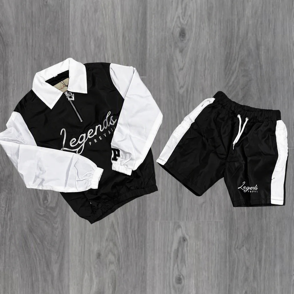 Custom Streetwear Men Windbreaker Nylon Jacket and Shorts Set Zip up Nylon Two Piece Windbreaker Short Set Tracksuit for Mens - Black