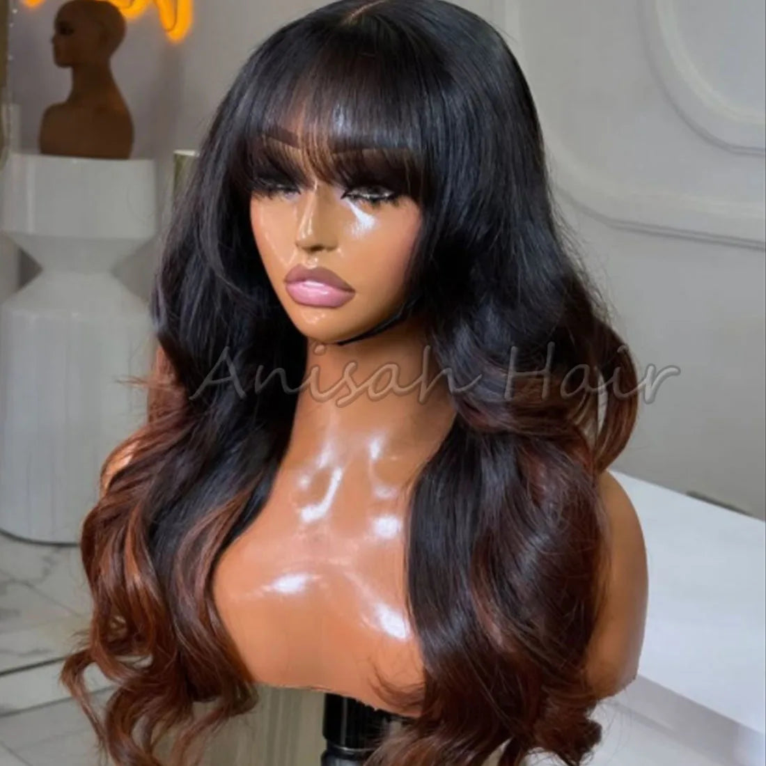 Ombre Brown Human Hair Wigs with Bangs Glueless Body Wave Cuticle Aligned Virgin HD Transparent Lace Front Wig for Women