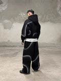 Y2K Deconstructed Gradient Print 2 Pieces Tracksuit Unisex Zip up Cropped Hoodie + Shorts Futuristic Streetwear Sweat Set - Black