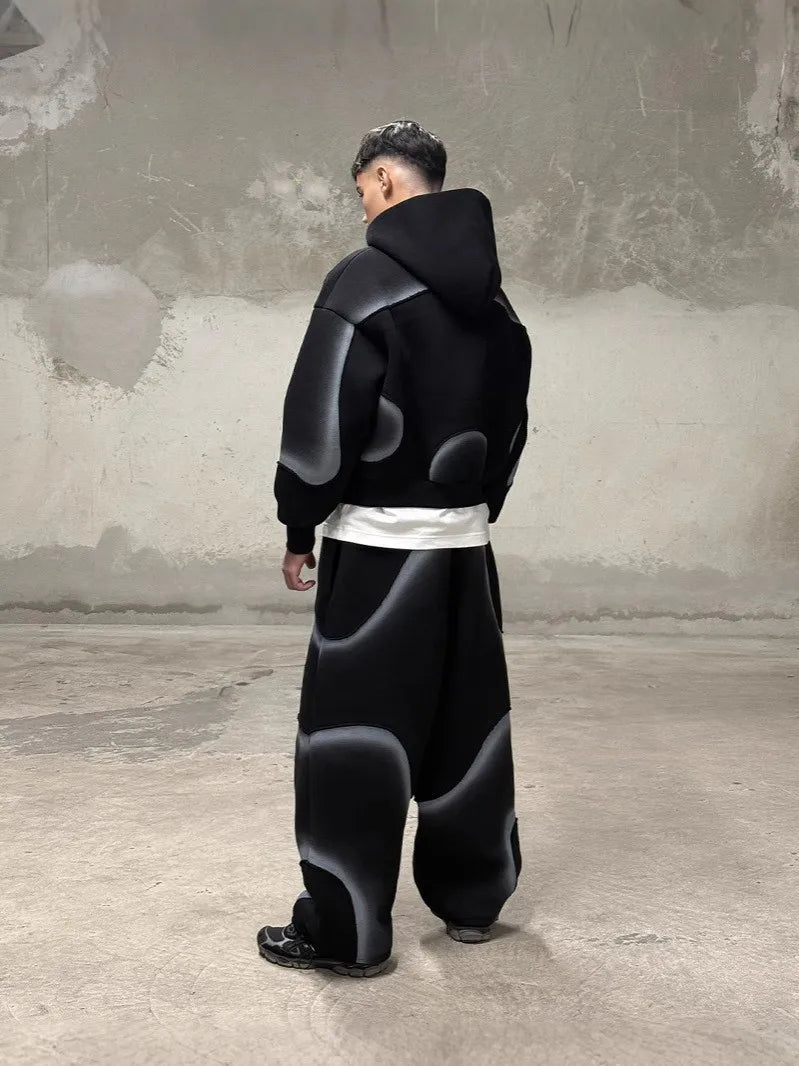 Y2K Deconstructed Gradient Print 2 Pieces Tracksuit Unisex Zip up Cropped Hoodie + Shorts Futuristic Streetwear Sweat Set - Black