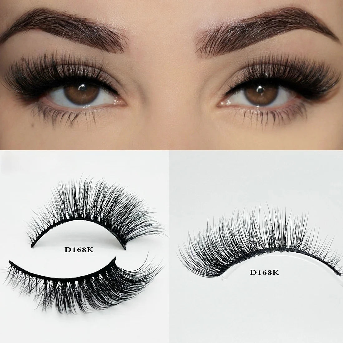 8D Wispy Cat Eye Fox Faux Mink Lashes 5 Pairs Full Strip Winged Eyelashes Pack - Natural Long / plastic lashes tray / D168K