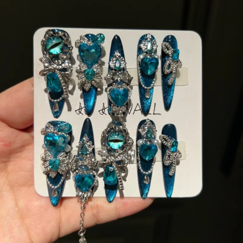 Pure Handmade Plastic Blue Light Luxury Heavy-Duty Ins Style Cat Eye Press-On Nails Finger Application New Arrival Nail Tips