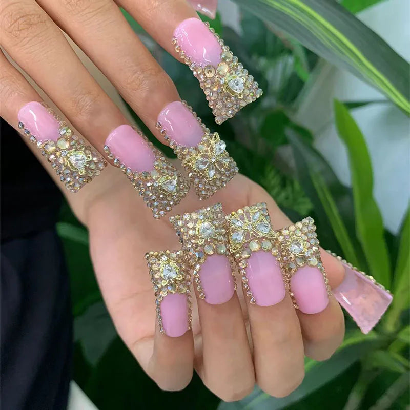 Custom Luxury Bling Stones Press Nails Medium Coffin Heart Pearl French Tip 3D Nail Art Pre-designed Full Cover Water Decals