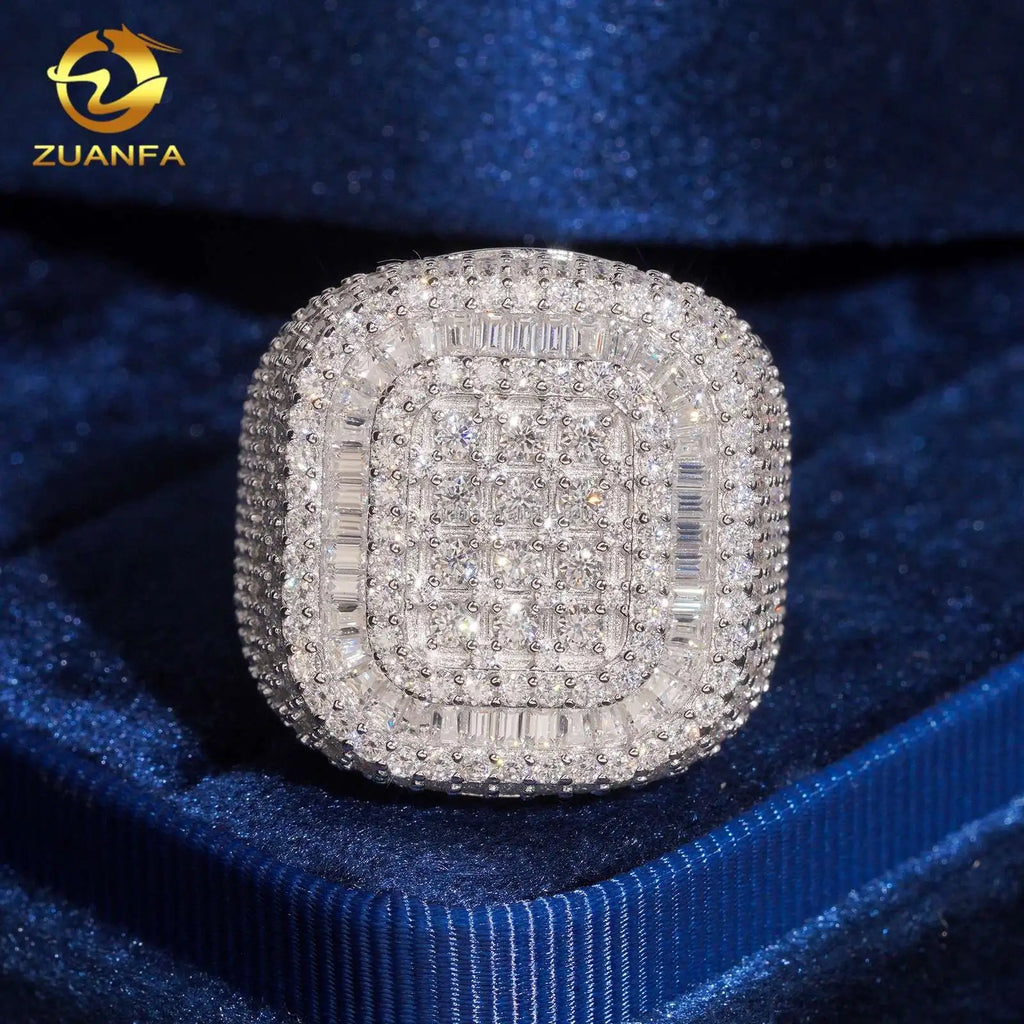 2026 New Arrivals Fashion Jewelry Square Shape Iced Out Hip Hop Moissanite 925 Sterling Silver Claw Setting Pinky Finger Ring
