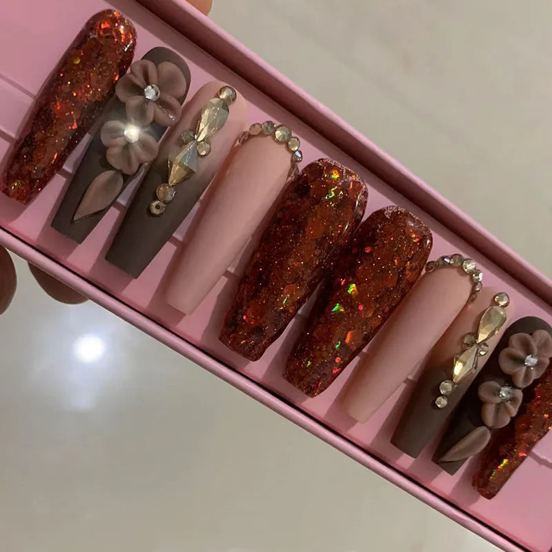 Custom Luxury Bling Stones Press Nails Medium Coffin Heart Pearl French Tip 3D Nail Art Pre-designed Full Cover Water Decals