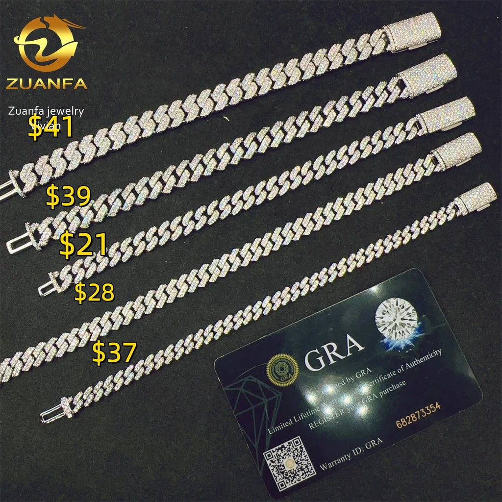 GRA Certificated Moissanite Chain Cuban 6 8 10 MM Hip Hop Jewelry VVS Moissanite Cuban Link Brass Miami Cuban Link Chain