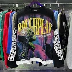 High Quality Heavyweight 100% Cotton New Brand Rough Play Long Sleeved High Street Retro Acid Washed Print Eco-Friendly Hoodies - Black7