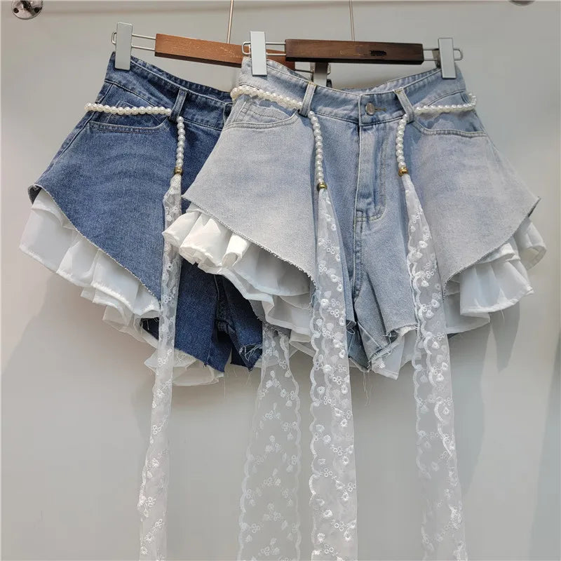 Z6700-2026 New Summer High-Waisted Slimming A-Line Spliced Denim Shorts Wide-Leg Hot Pants Women Jeans