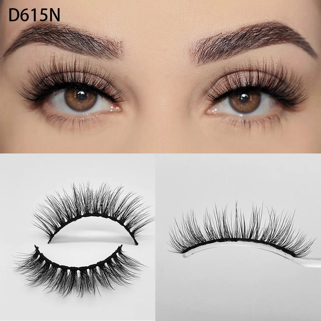 8D Wispy Cat Eye Fox Faux Mink Lashes 5 Pairs Full Strip Winged Eyelashes Pack - Natural Long / plastic lashes tray / D615N