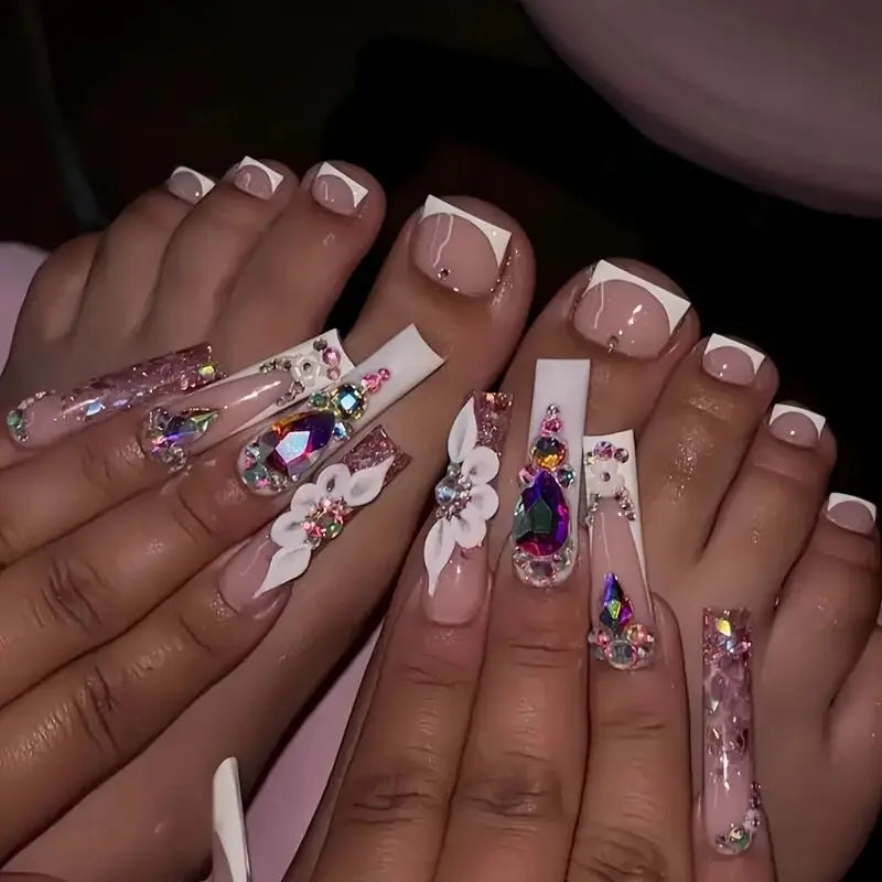 French Luxury Style 3D Flower Diamond Shining ABS Full Cover Pre-designed Black White Water Decals CE Certified Nail Set for - 2