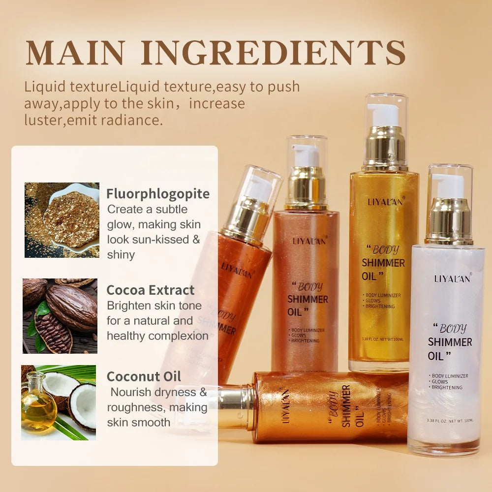 Private Label Custom Highlighter Makeup Bronzer Skin Glow Body Glitter Liquid Body Shimmer Oil