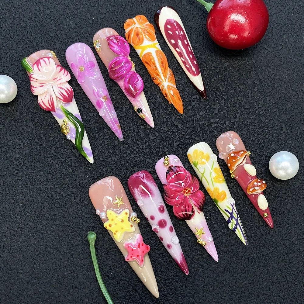 10PCS Full Decorated Soft Gel Thick Acrylic Handmade Nails Press on 55mm Extra Long Salon Design Artificial Fingernail Wholesale
