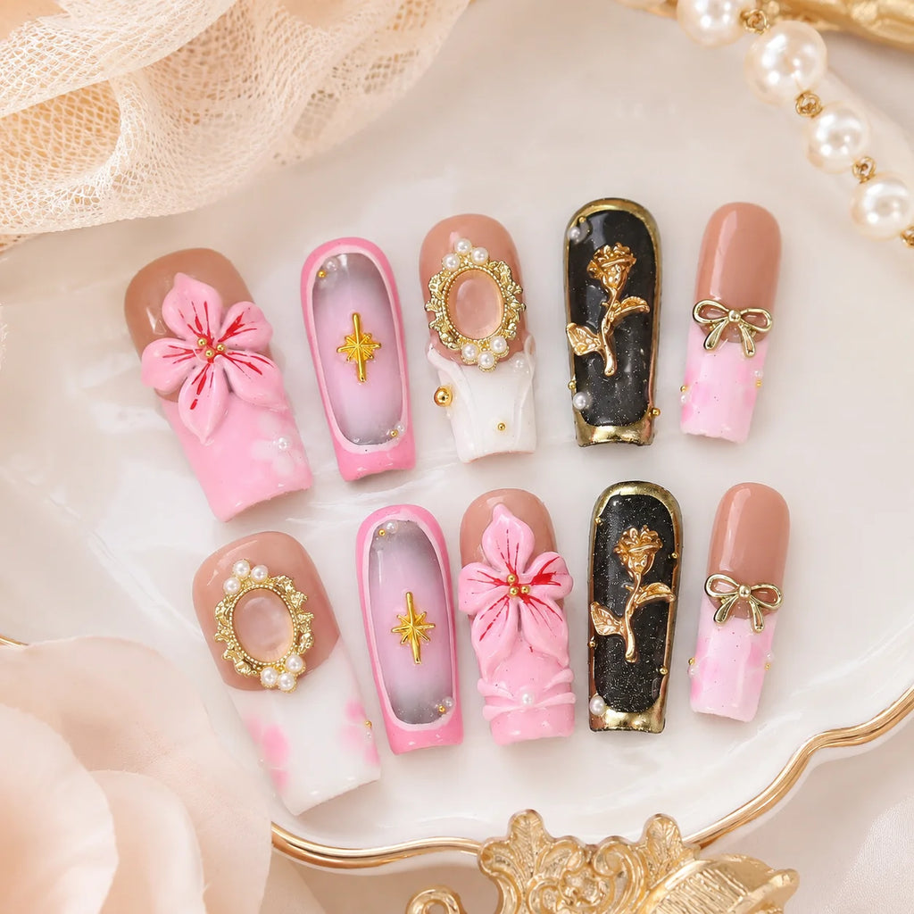Romantic 3D Floral Artificial Nail Set Pink Bow Mirror Pearl Gold Press on Nails for Nail Salon Supply and Boutique Retail - Multi-color