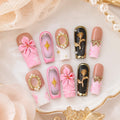 Romantic 3D Floral Artificial Nail Set Pink Bow Mirror Pearl Gold Press on Nails for Nail Salon Supply and Boutique Retail - Multi-color