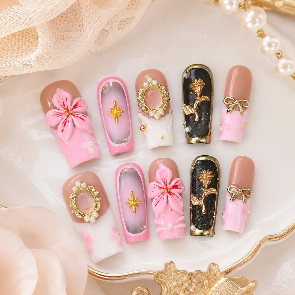 Romantic 3D Floral Artificial Nail Set Pink Bow Mirror Pearl Gold Press on Nails for Nail Salon Supply and Boutique Retail - Multi-color