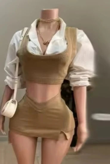 2026 Fall Winter New Arrivals Fashion Boutique Knitted 3 Piece Vest+shirts+skirt Set - Khaki top+Khaki skirt