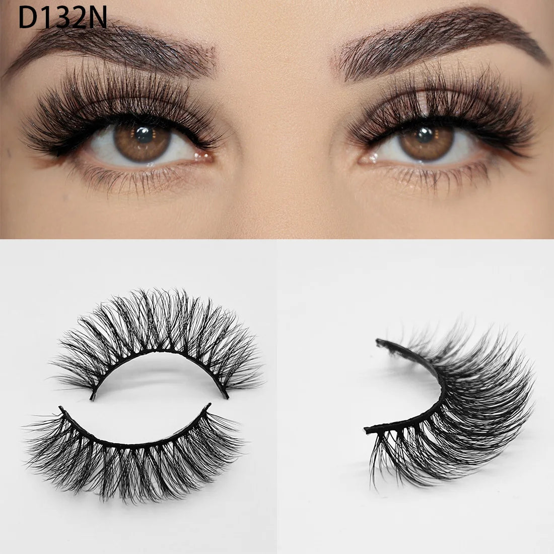 8D Wispy Cat Eye Fox Faux Mink Lashes 5 Pairs Full Strip Winged Eyelashes Pack - Natural Long / plastic lashes tray / D132N