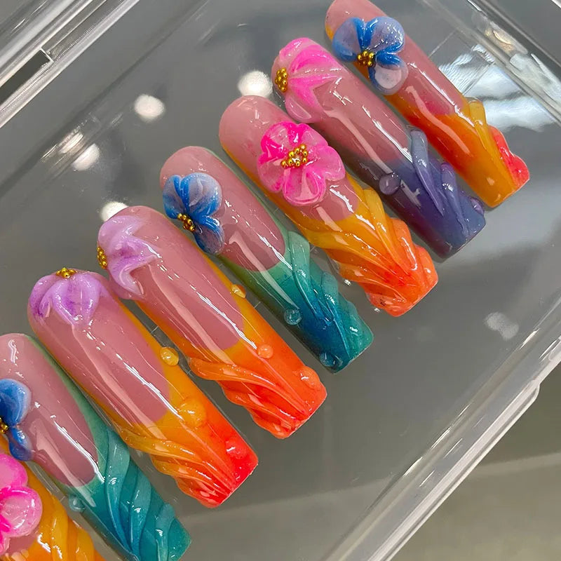 Hot Selling Rectangular Head French Gold Line 3D Floral Design Reusable Full Cover Nail Tips Handmade Press-on Nails Finger Glue