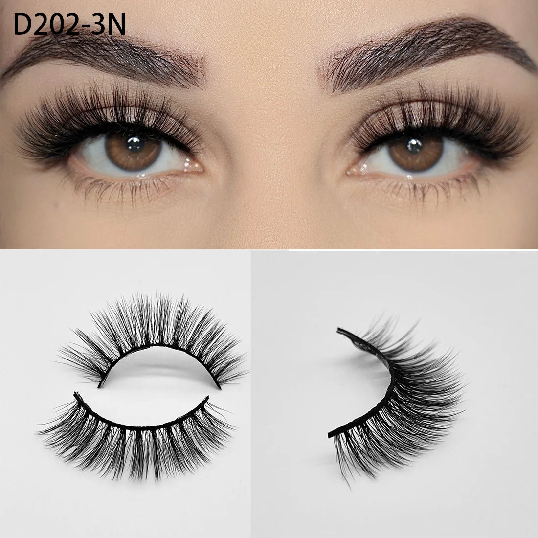 8D Wispy Cat Eye Fox Faux Mink Lashes 5 Pairs Full Strip Winged Eyelashes Pack - Natural Long / plastic lashes tray / D202-3N