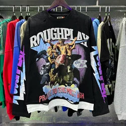 High Quality Heavyweight 100% Cotton New Brand Rough Play Long Sleeved High Street Retro Acid Washed Print Eco-Friendly Hoodies - Black6