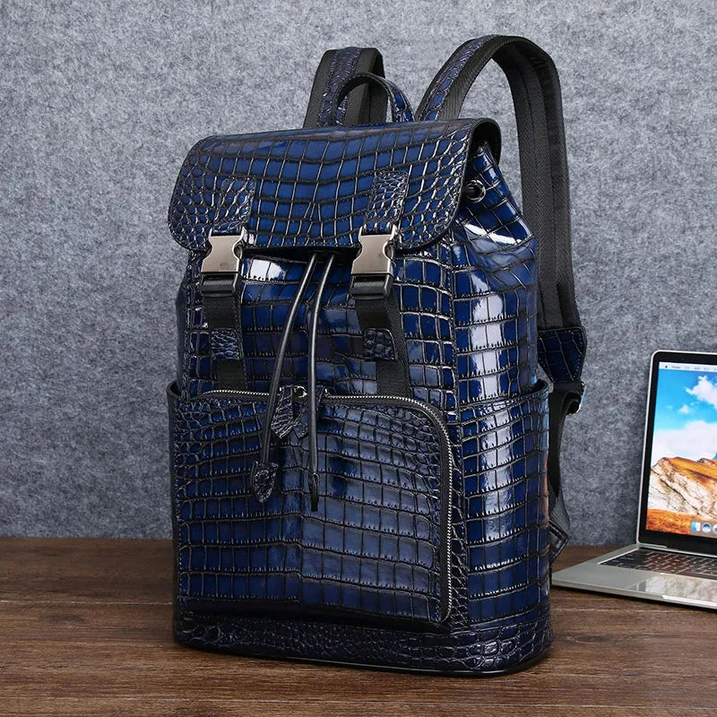 Luxury Men's High Quality Genuine Cowhide Leather Backpack Top Polyester School Bag Durable Closure Hot Sale Direct Luxury Brand - 12 inches / Deep Blue